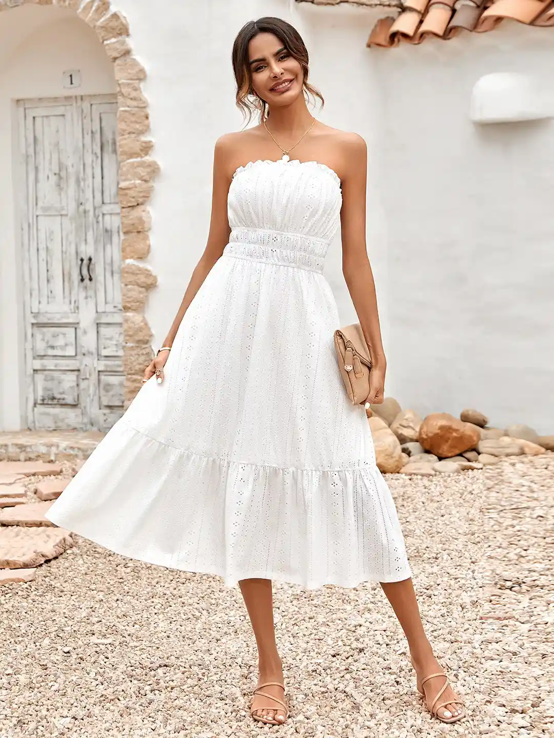 Long Casual Strapless Dresses StyleCast White Self Design