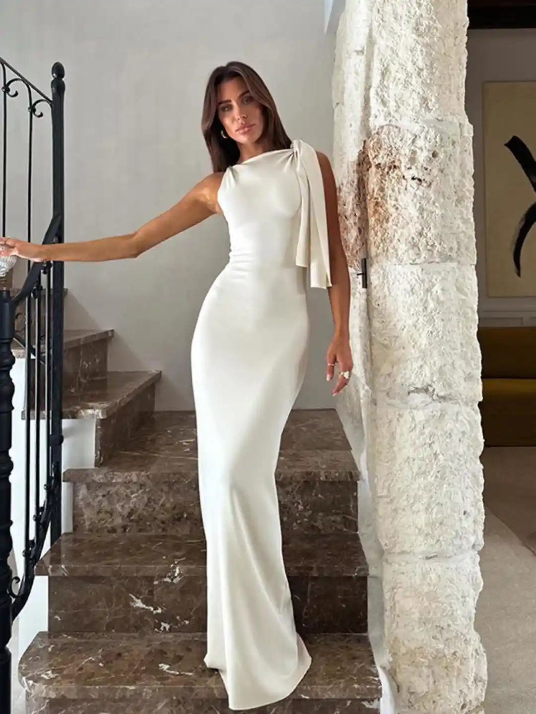 StyleCast White One Shoulder Tie-Up Detailed Maxi Bodycon Dress