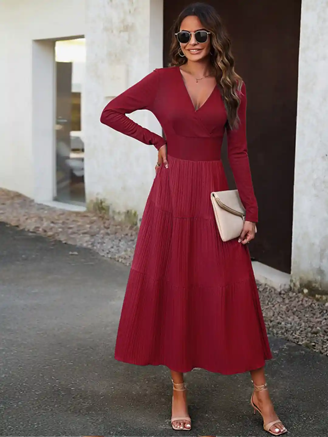 Buy StyleCast Red Long Sleeves Fit Flare Midi Dress Dresses
