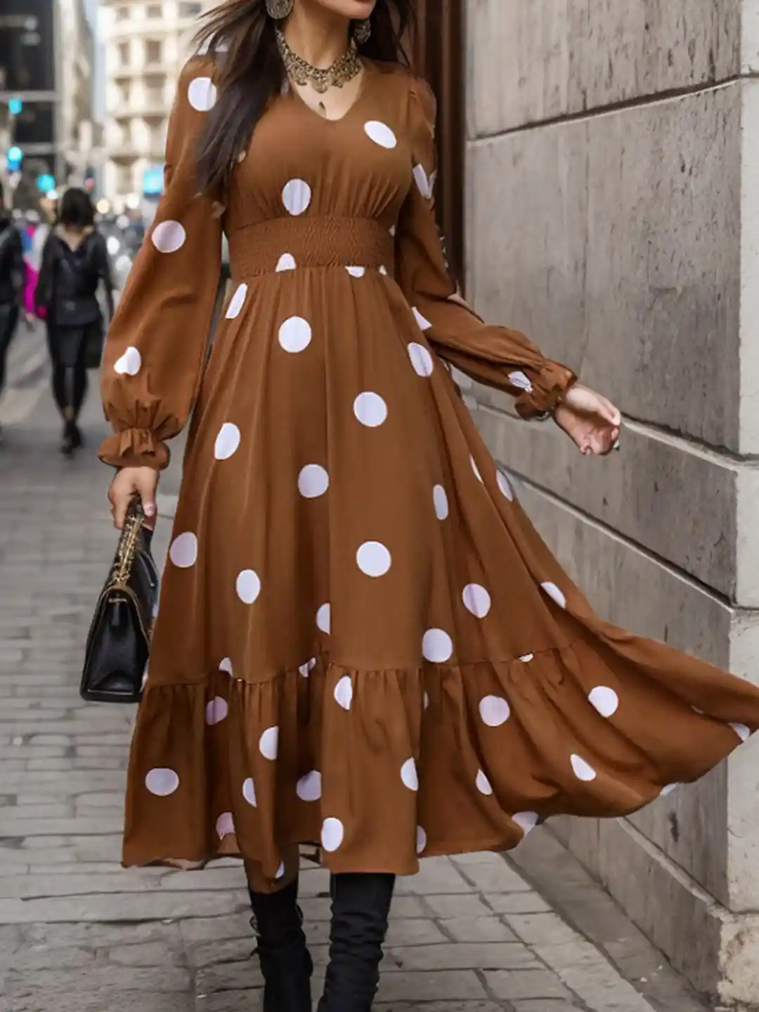 Buy StyleCast Brown Polka Dot Print Puff Sleeve Fit Flare Midi