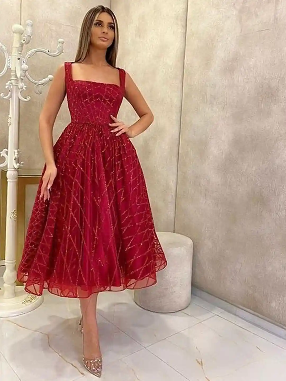 Buy LULU SKY Red Embellished Fit Flare Party Dress Dresses