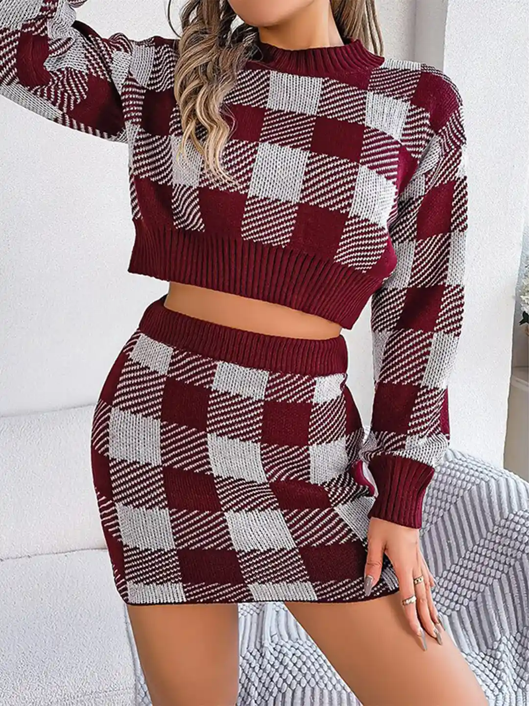 StyleCast Maroon Grey Checked Sweater Skirt Co-Ords
