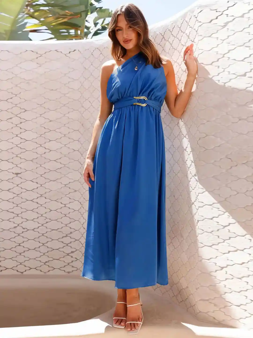 All About You Women Solid Belted One Shoulder Maxi Dress