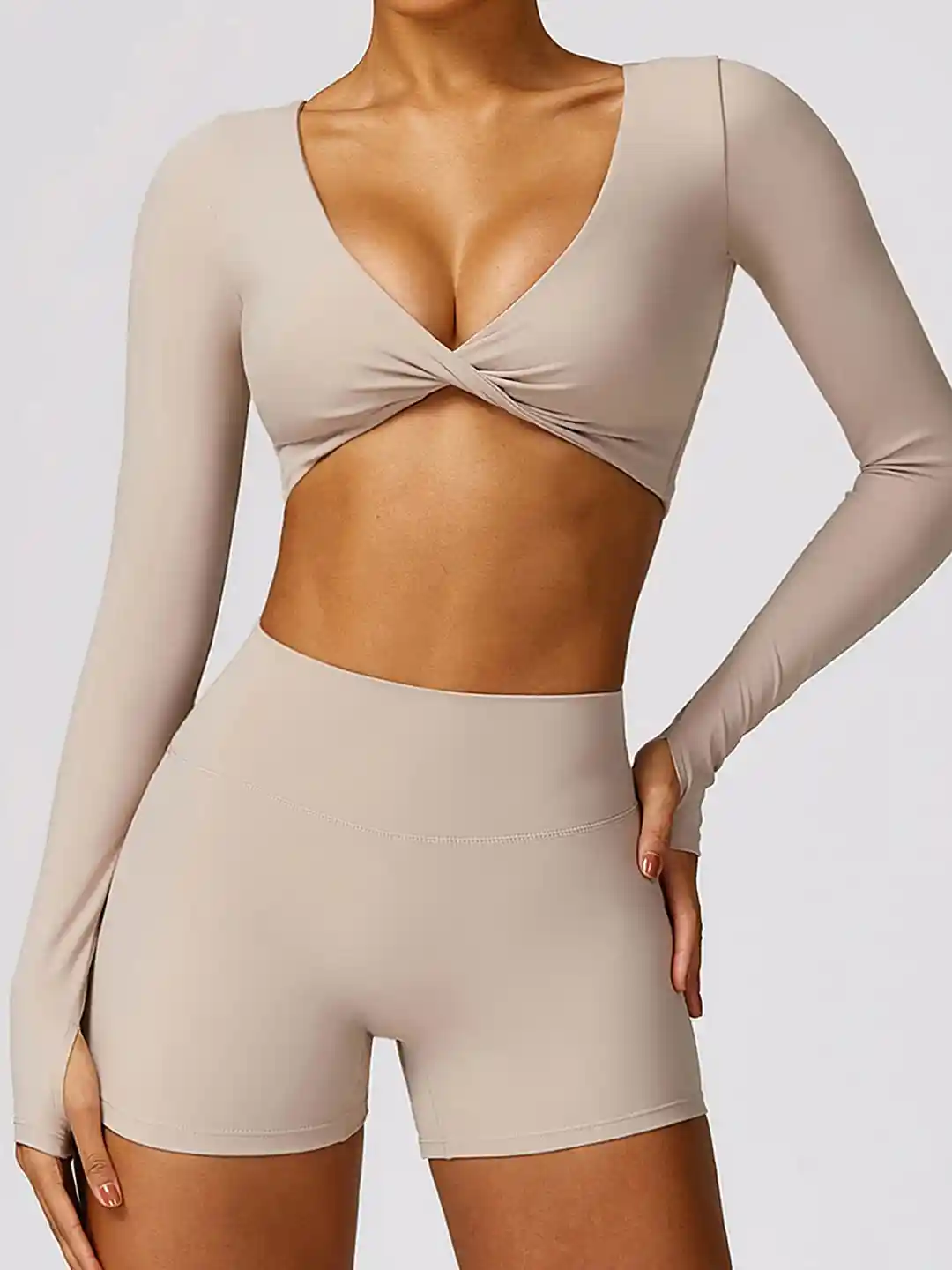 LULU SKY V-Neck Long Sleeves Bralette Crop Sports Top With Thumbholes