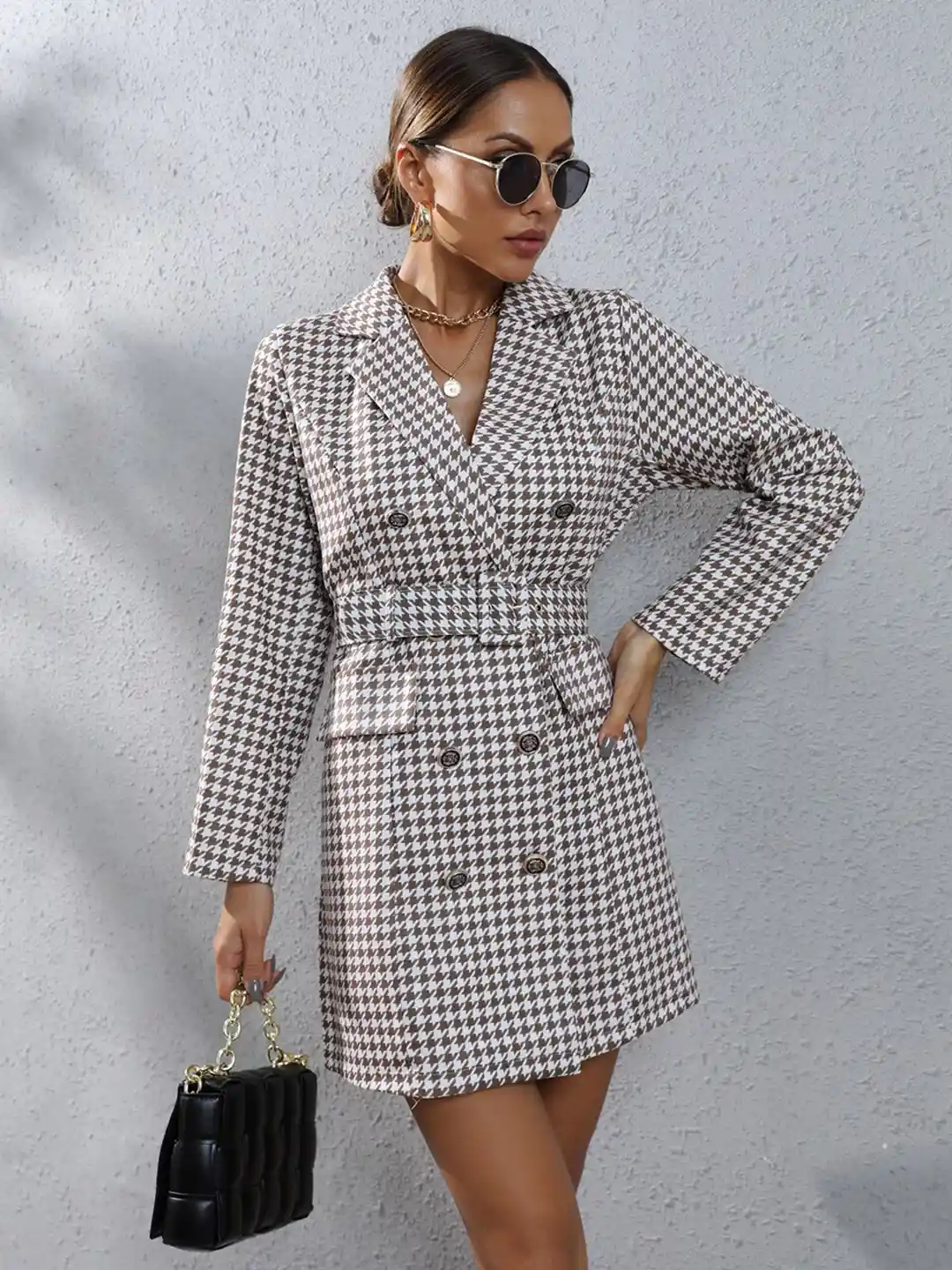 StyleCast White Brown Checked Shirt Collar Blazer Dress