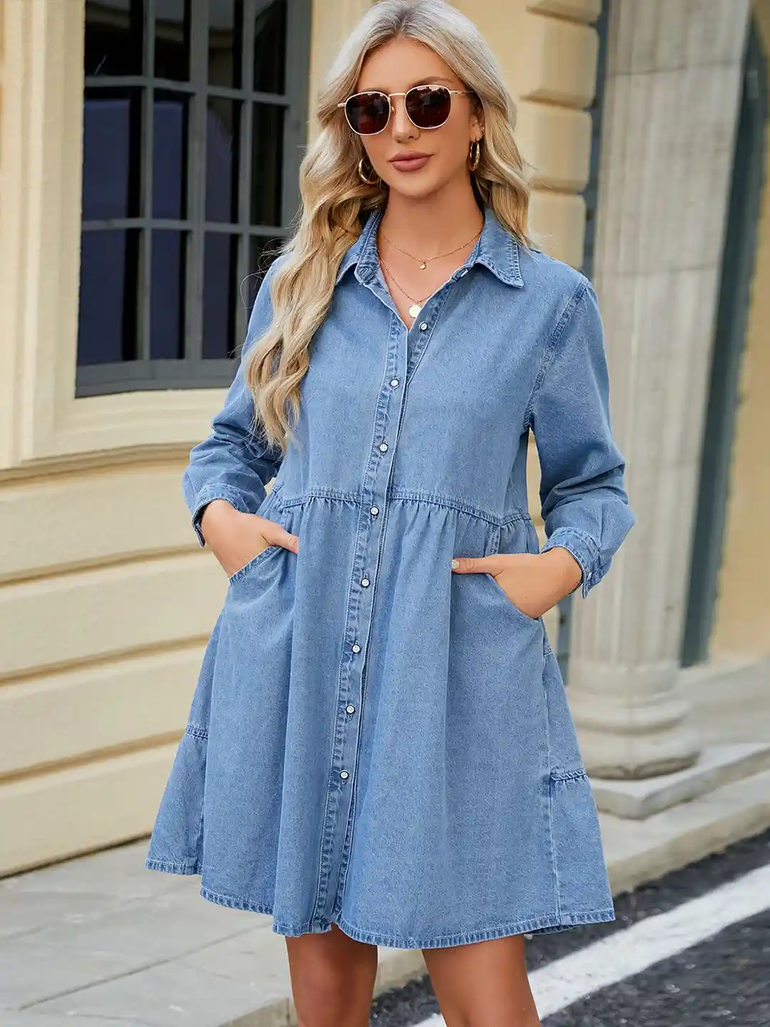 Sleeve Denim Mini Dress Next Ladies Denim Dresses Tiered Button Up