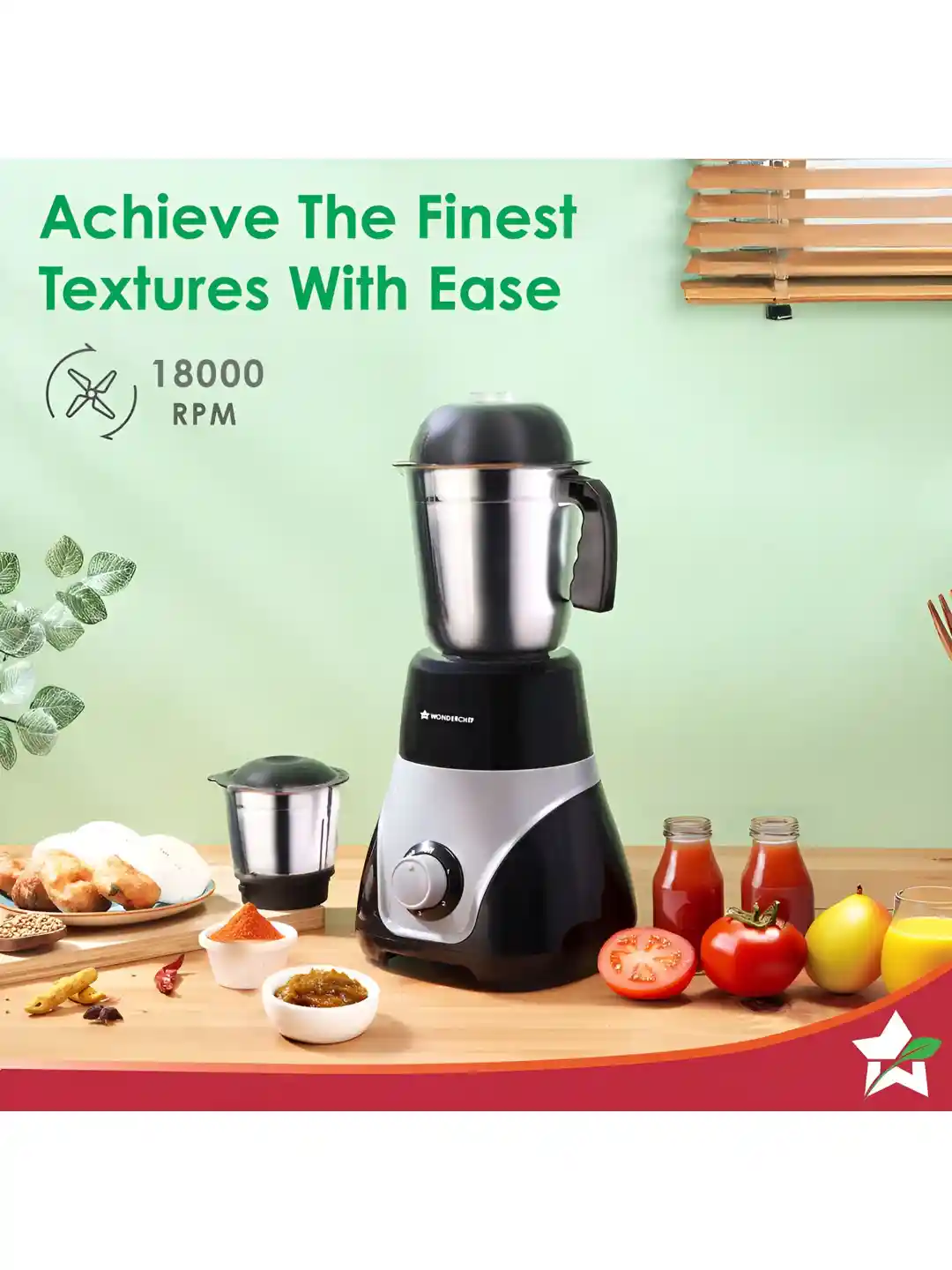 Wonderchef Vista Black Stainless Steel Safety Lock Jars Wet and Dry  Grinder with Juicer-750W