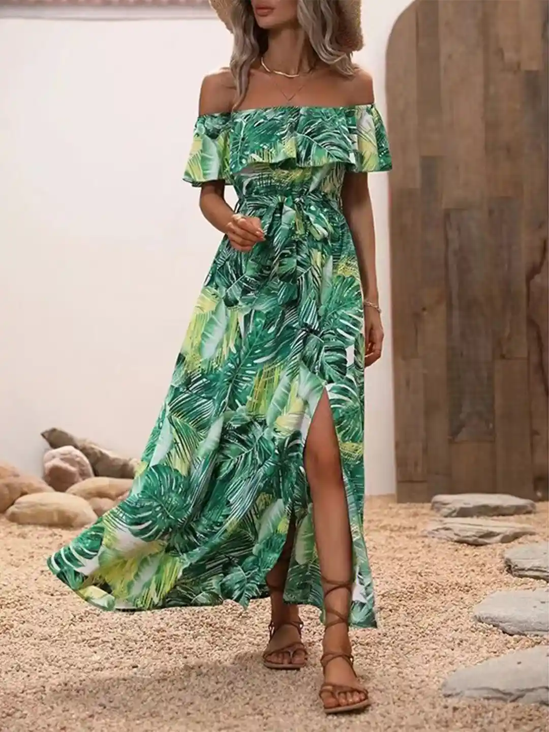 Buy StyleCast Green Tropical Printed Off-Shoulder A-Line Maxi