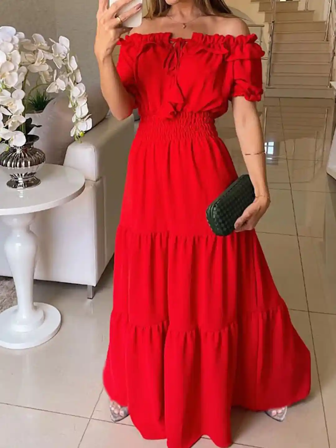 Buy StyleCast Red Off-Shoulder Puff Sleeve Smocked Tiered Maxi