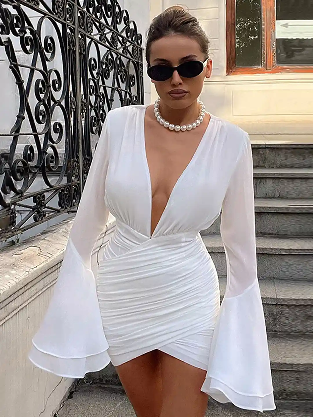 Long Sleeve White Plunging Neckline Dress Long Sleeve Bodycon