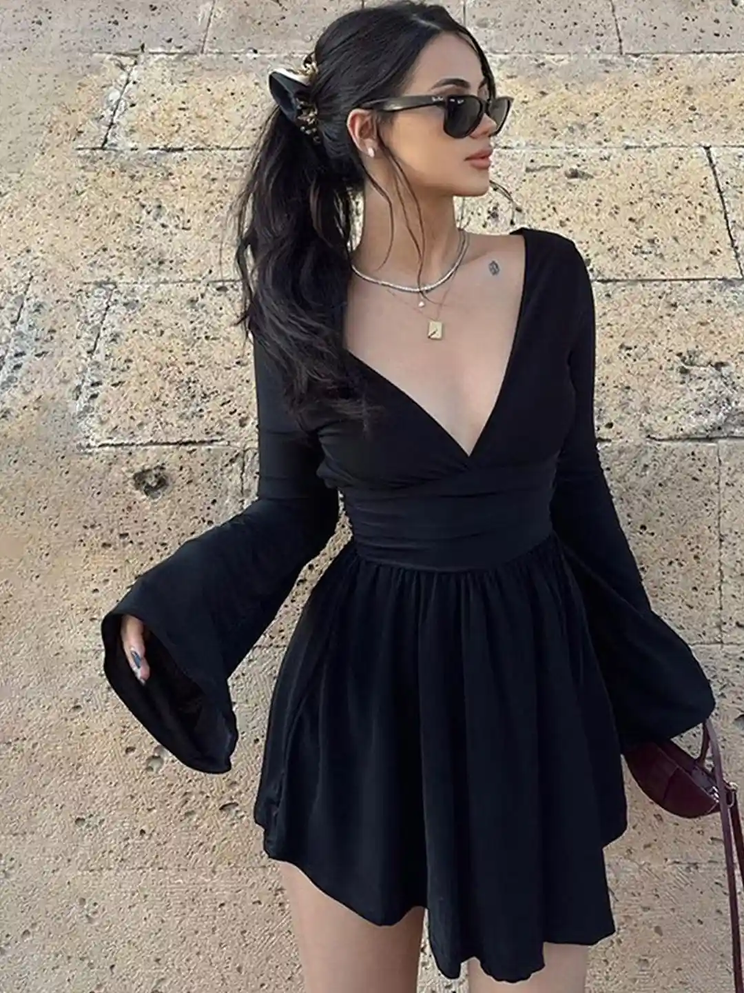 LULU SKY Fit Flare Mini Ruched Deep V-neck Black Skater Dress