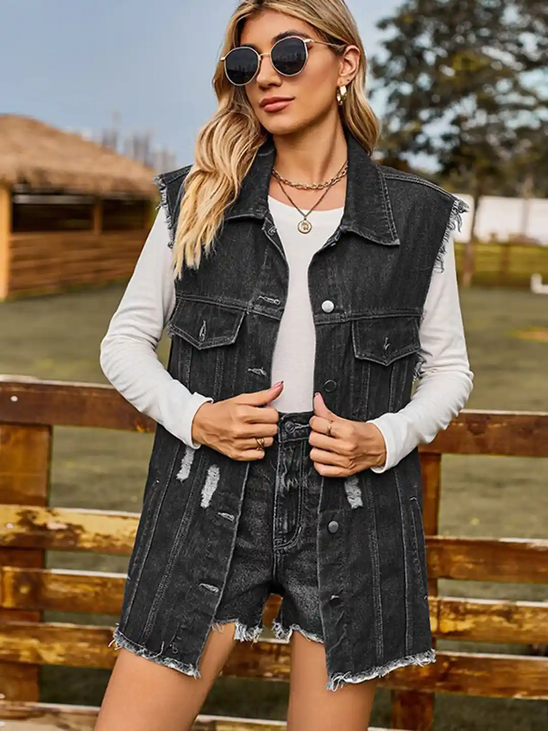 Buy StyleCast Black Sleeveless Longline Denim Jacket Jackets for