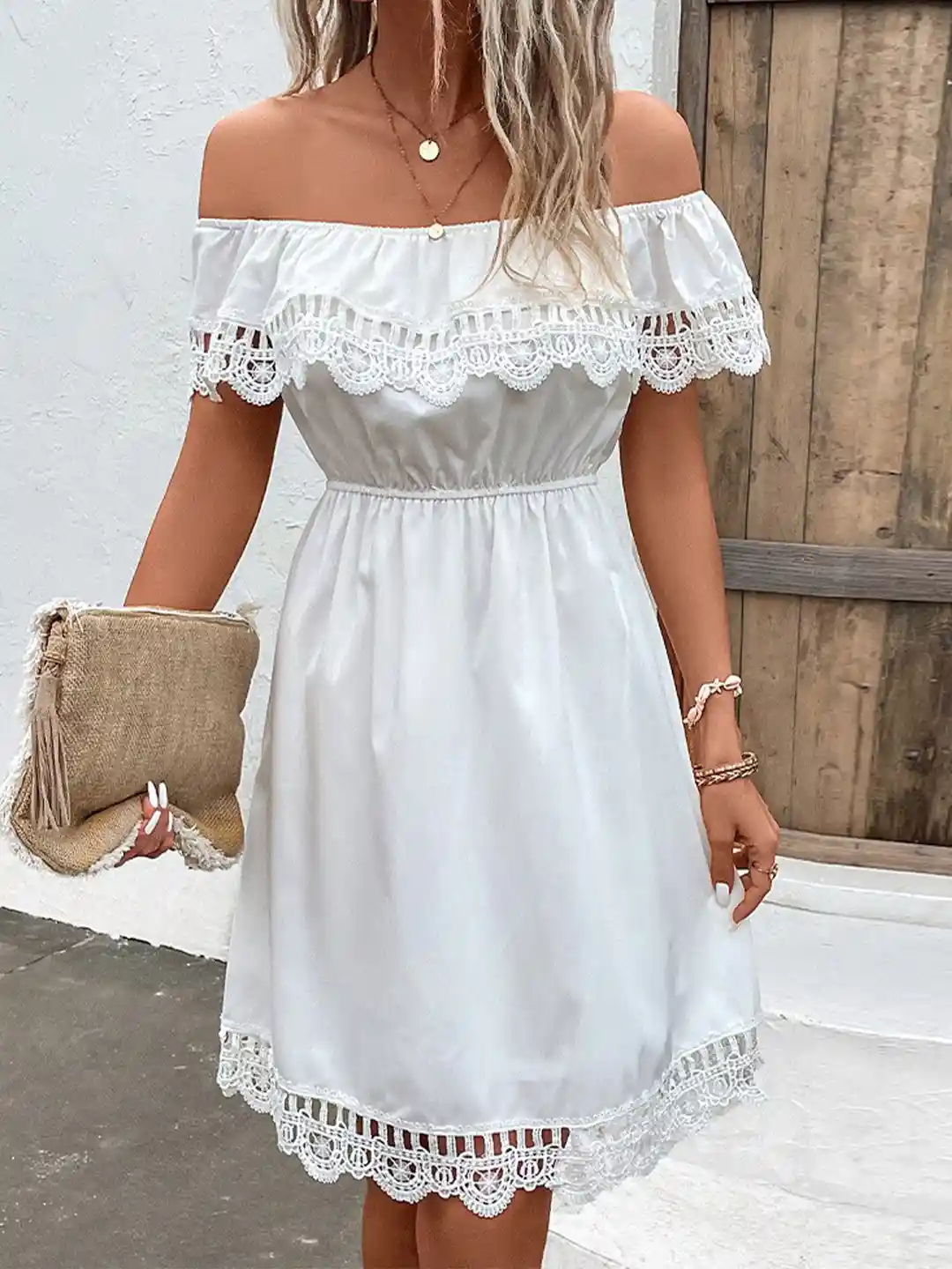 Linka White Half Shoulder Dress A-Line Satin Tea Length Little