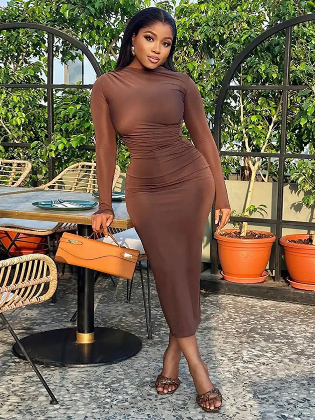 Buy StyleCast x Revolte Brown High Neck Bodycon Midi Dress