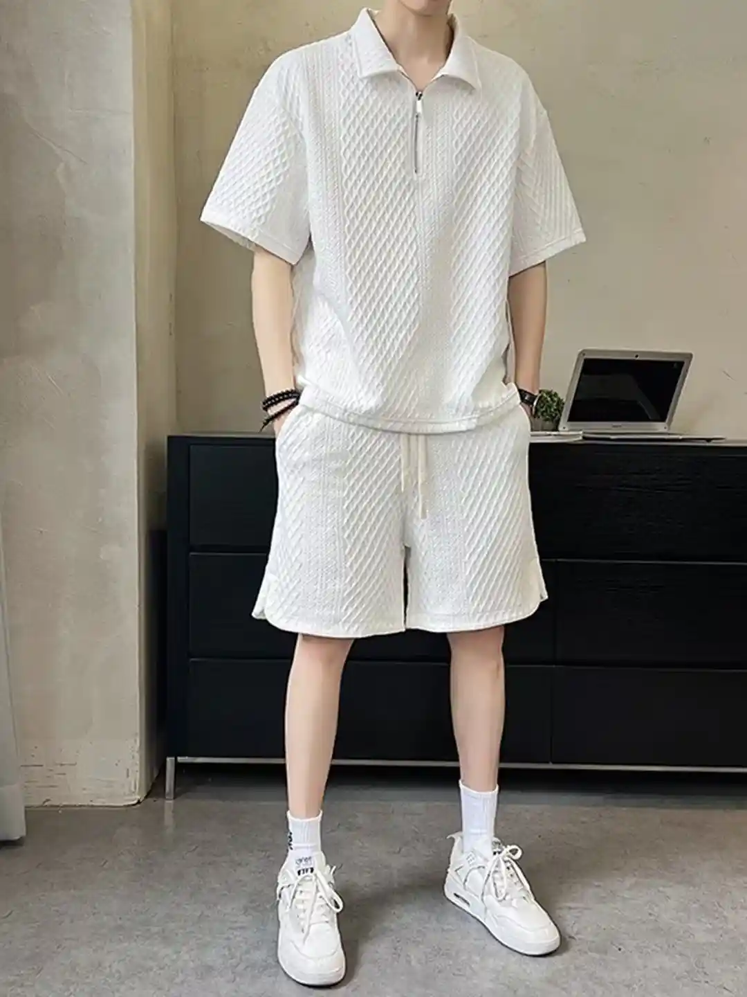 Buy StyleCast White Self-Design Shirt Collar T-Shirt With Shorts