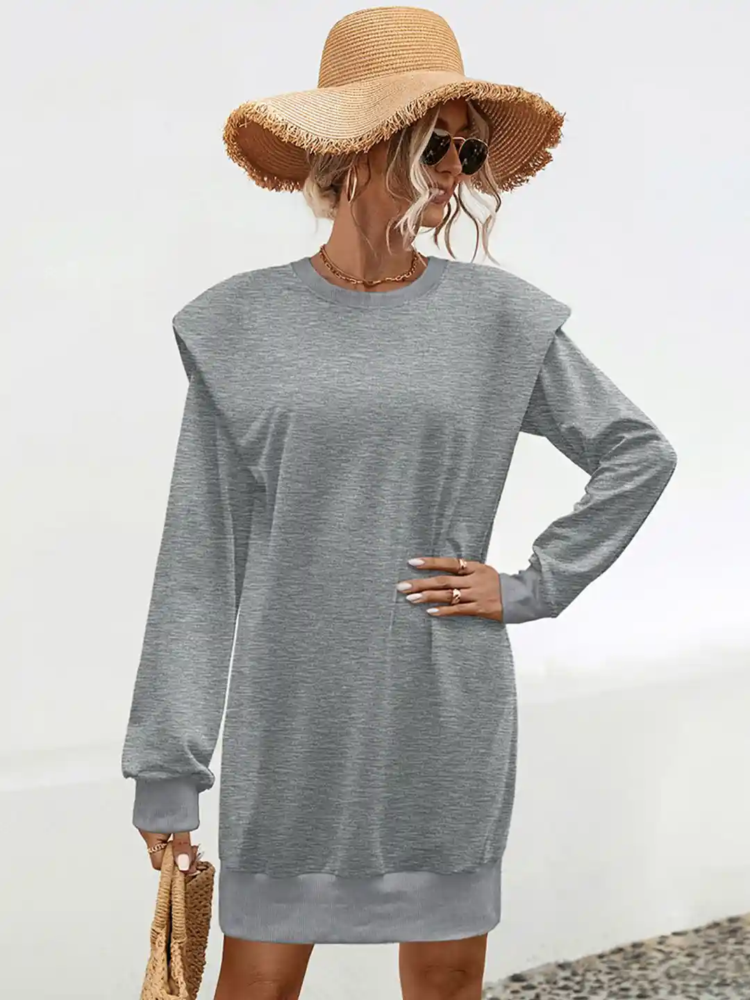 Grey Solid Midi Casual T-Shirt Dress with Long Sleeves