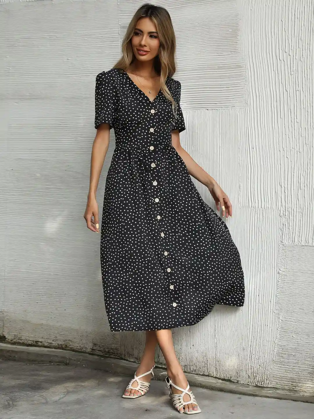 Buy StyleCast Black White Polka Dots V-Neck Puff Sleeves Midi