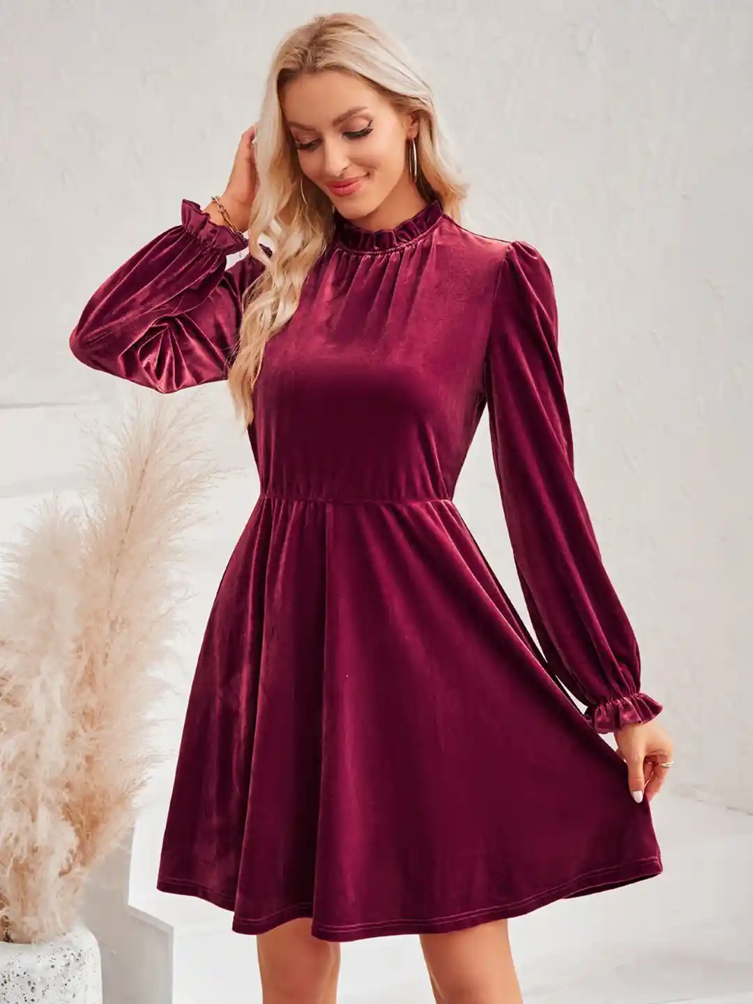 StyleCast Burgundy Puff Sleeve Fit Flare Dress