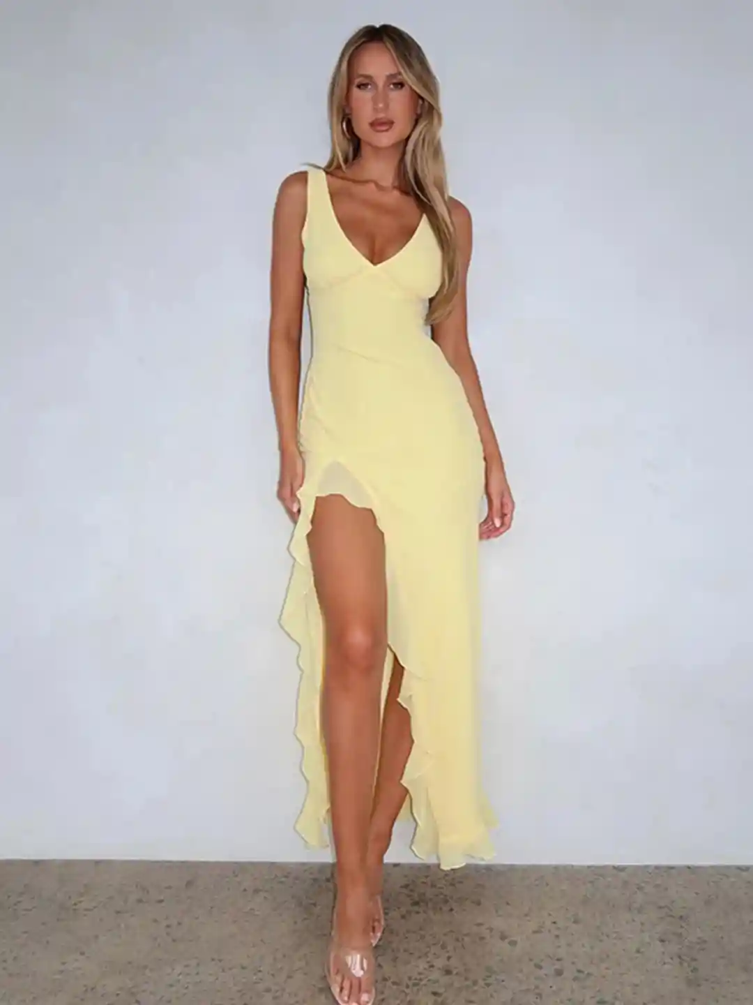 Buy StyleCast Yellow V-Neck Thigh Slit Maxi Dress Dresses for