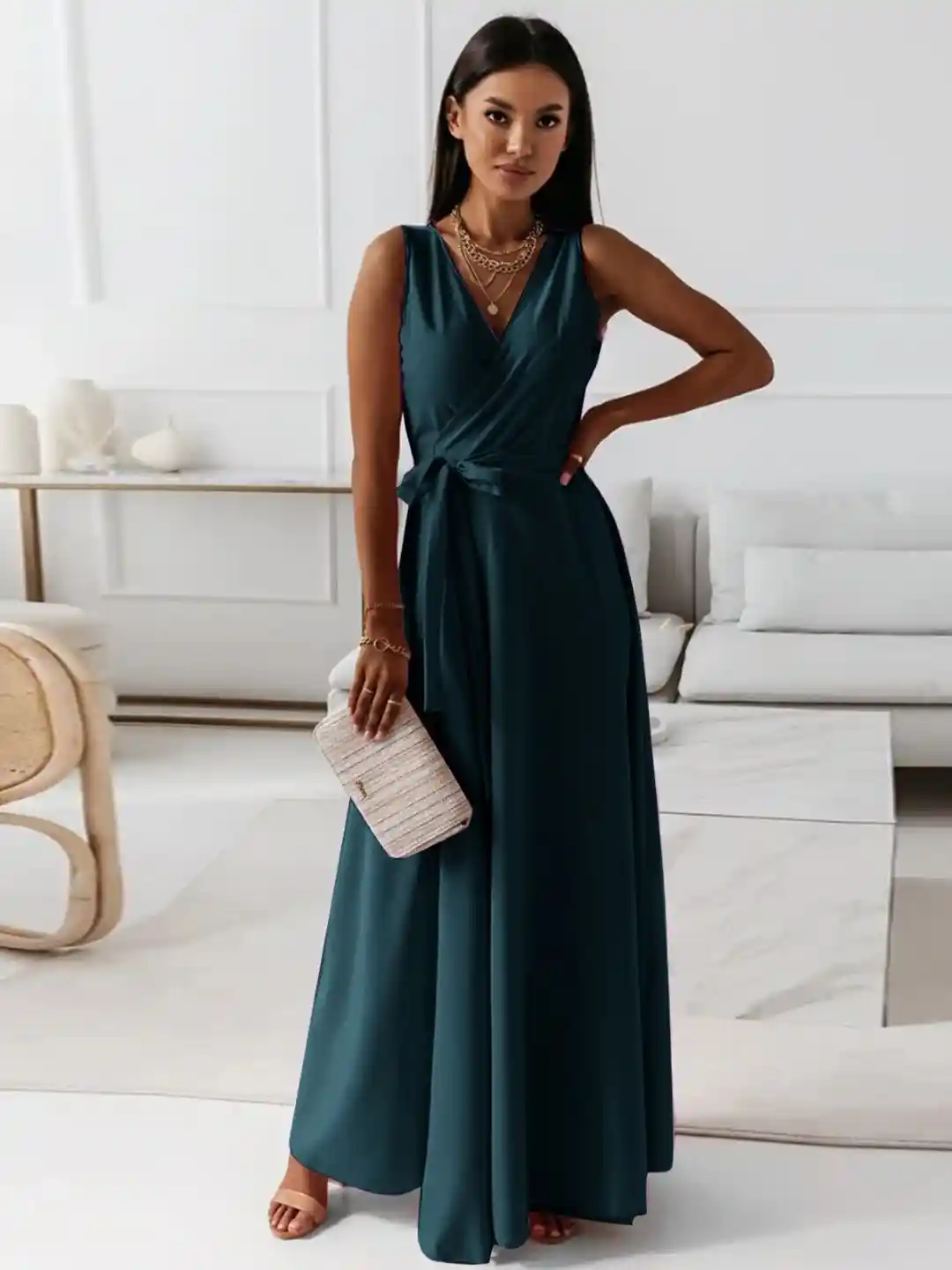 StyleCast Green V-Neck Sleeveless Wrap Maxi Dress