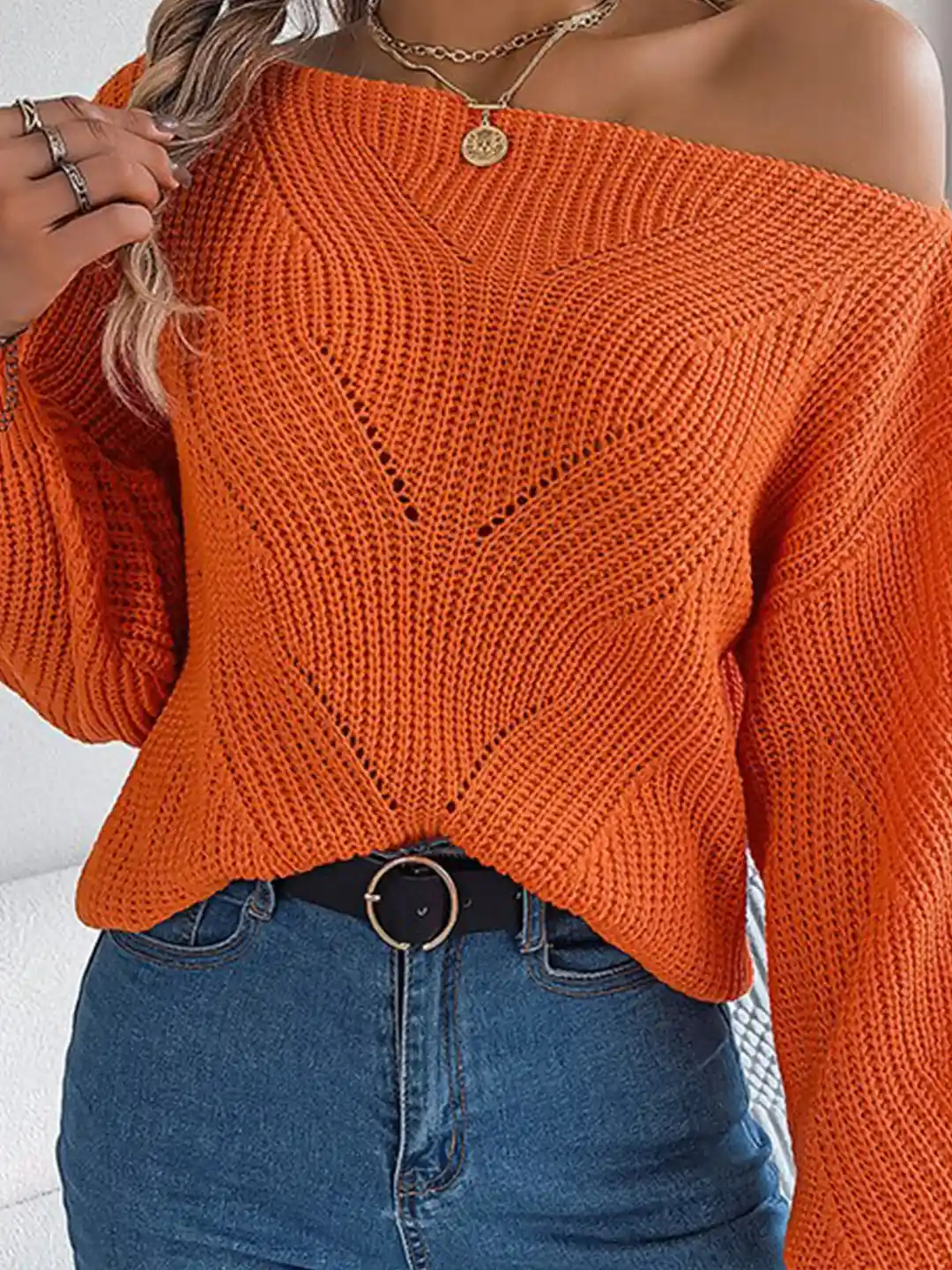Buy StyleCast Orange Open Knit Off-Shoulder Acrylic Pullover