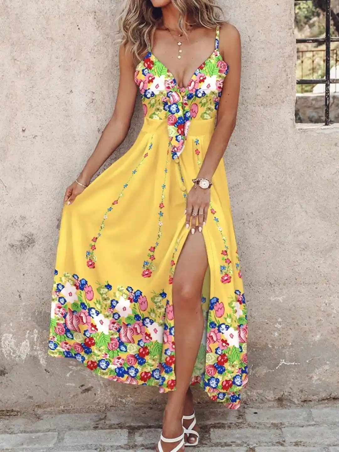 StyleCast Yellow Floral Printed Shoulder Straps Maxi Fit Flare Dress