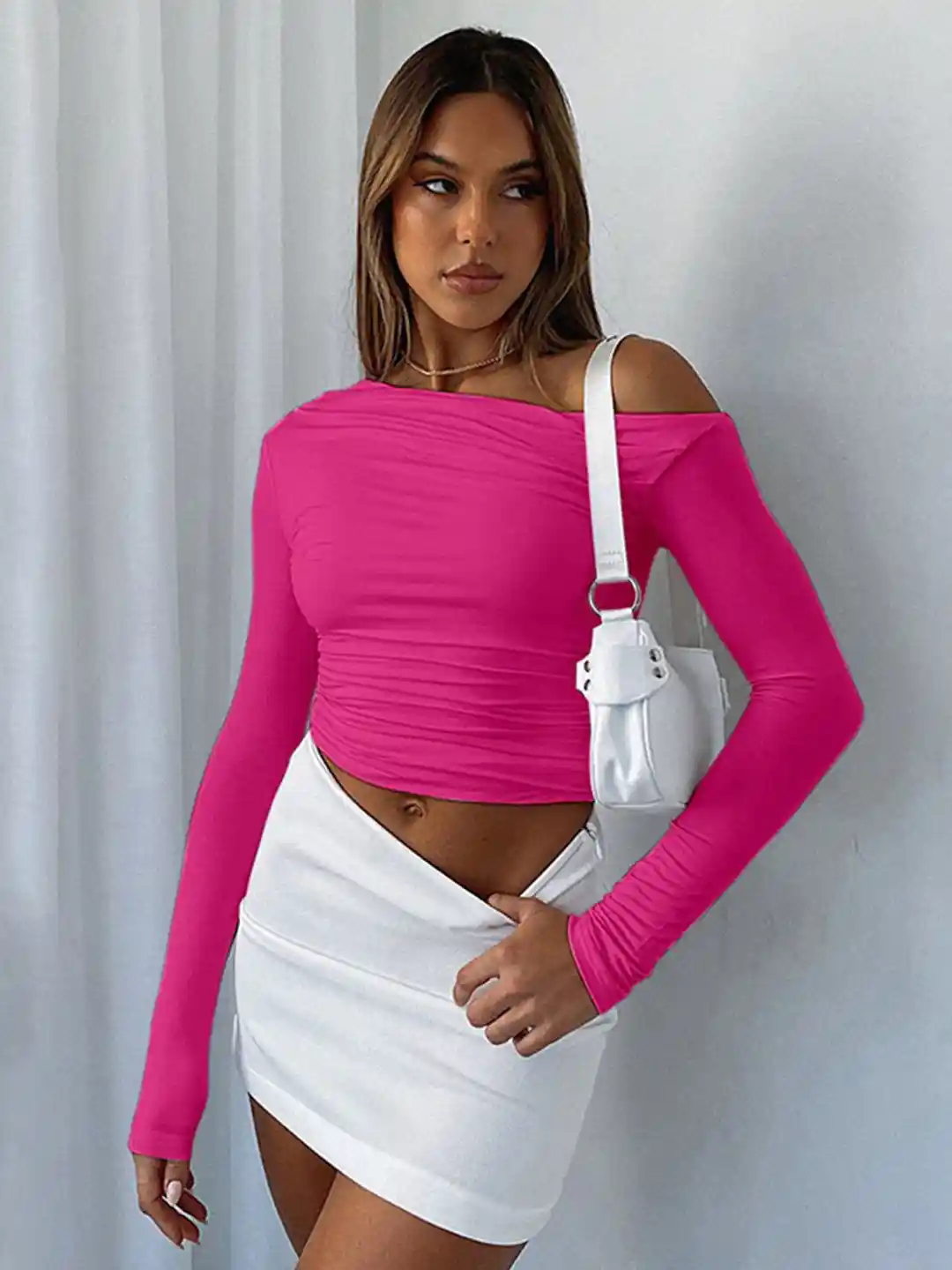 bebe Pink Asymmetrical Off-Shoulder Long Sleeve Crop Top