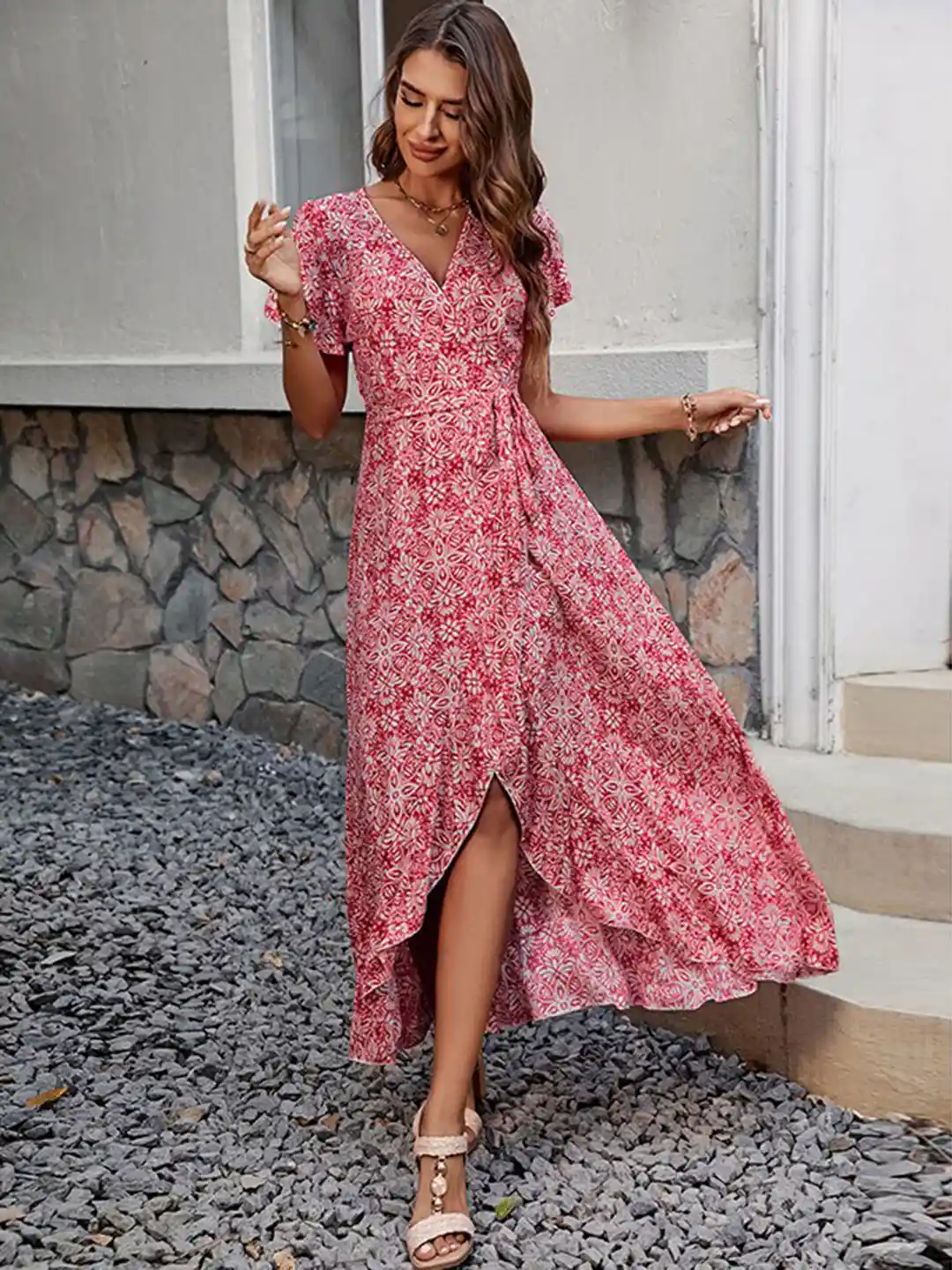 Buy StyleCast x Revolte Floral Printed Flared Sleeves Wrap Maxi