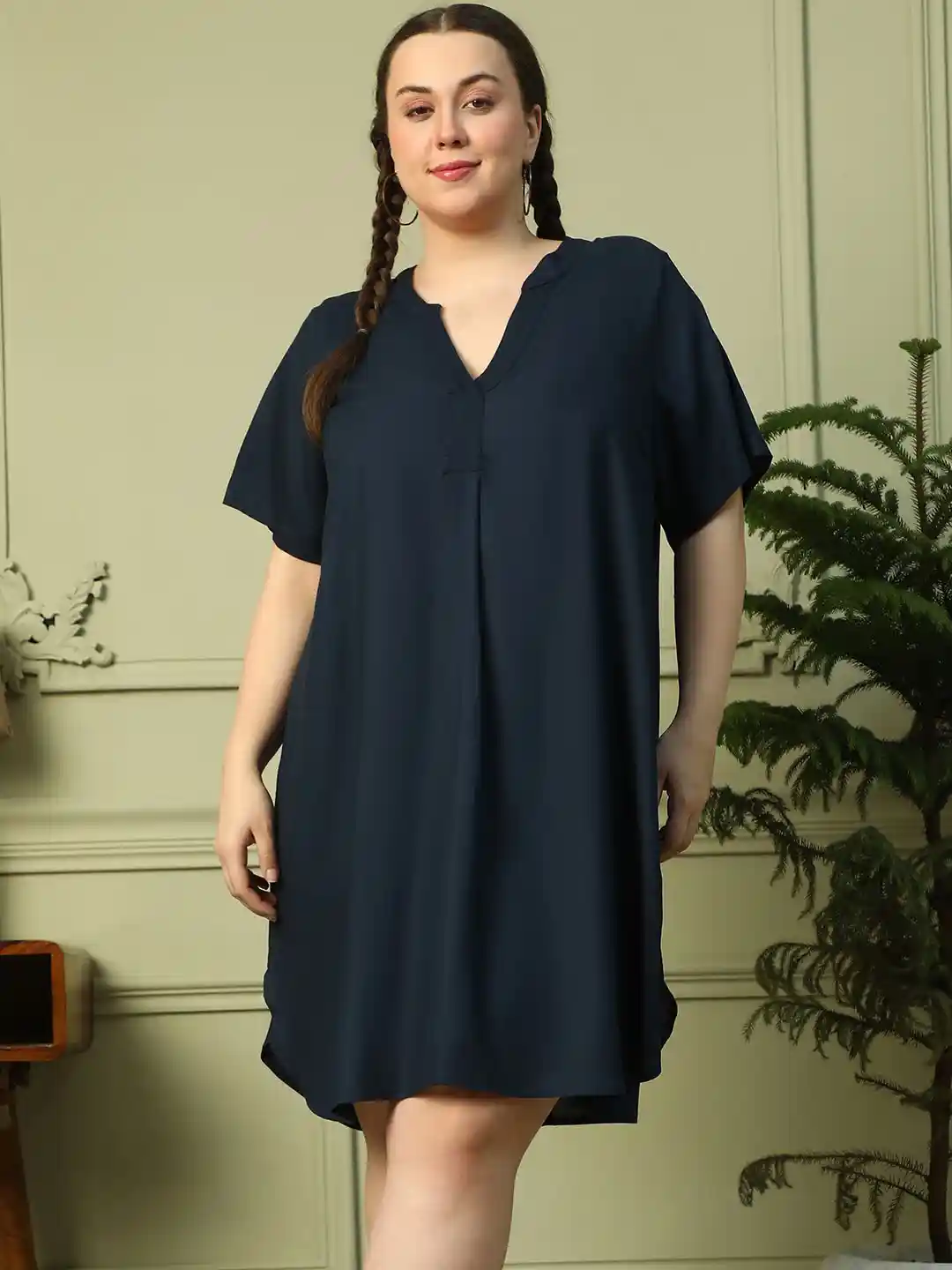 Buy Oxolloxo Plus Size V-Neck Short Sleeve Curved Hem Knee-length