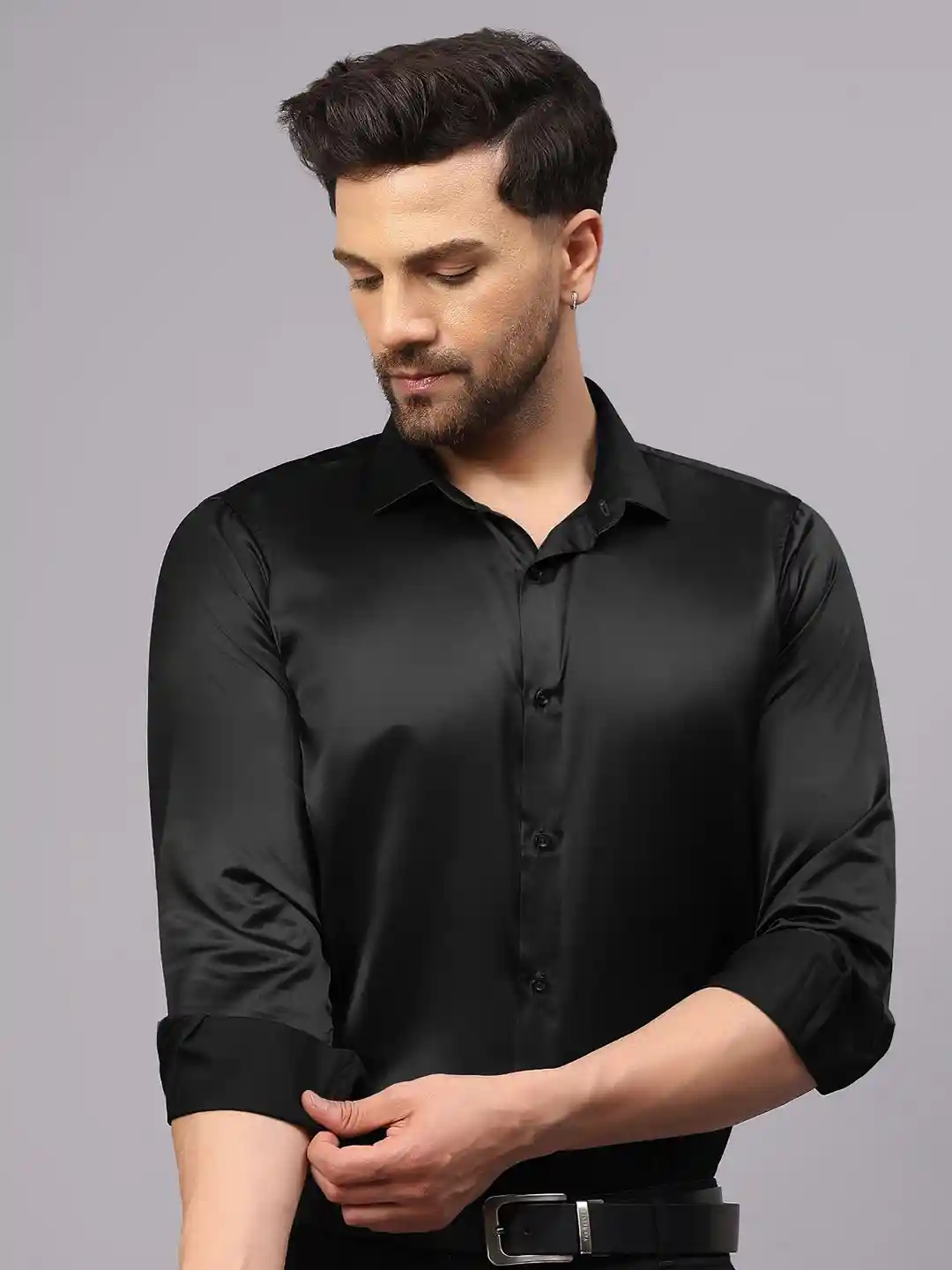 CVC Men Regular Fit Poly Satin Silk Black Shirt