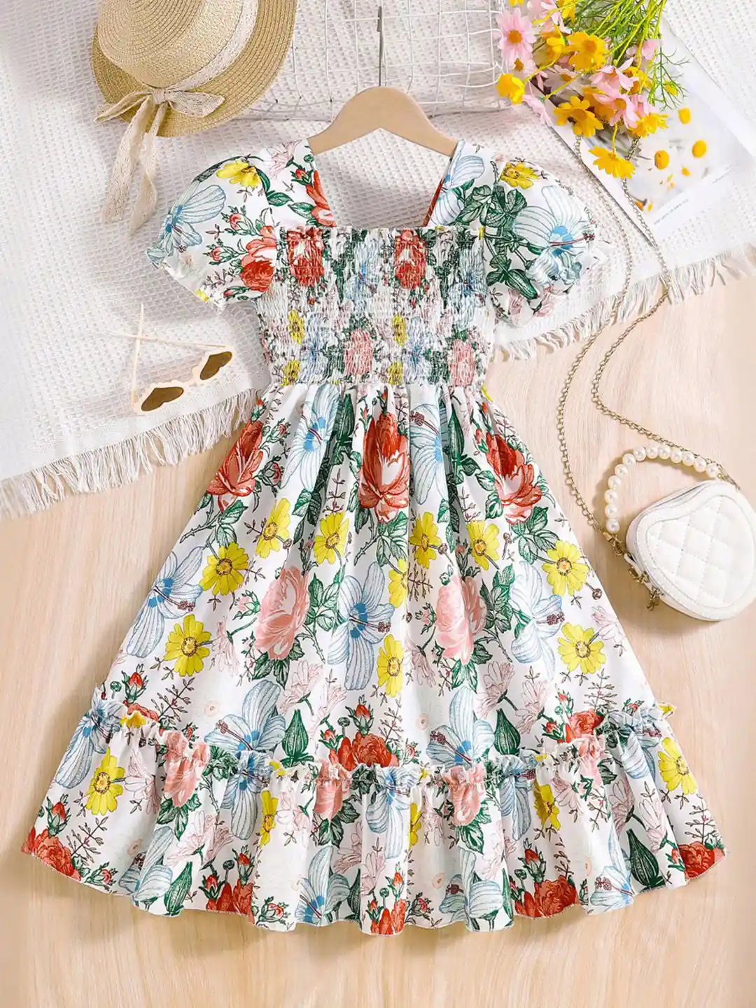 Buy INCLUD Kids-Girls Floral Print Puff Sleeve Fit Flare Dress