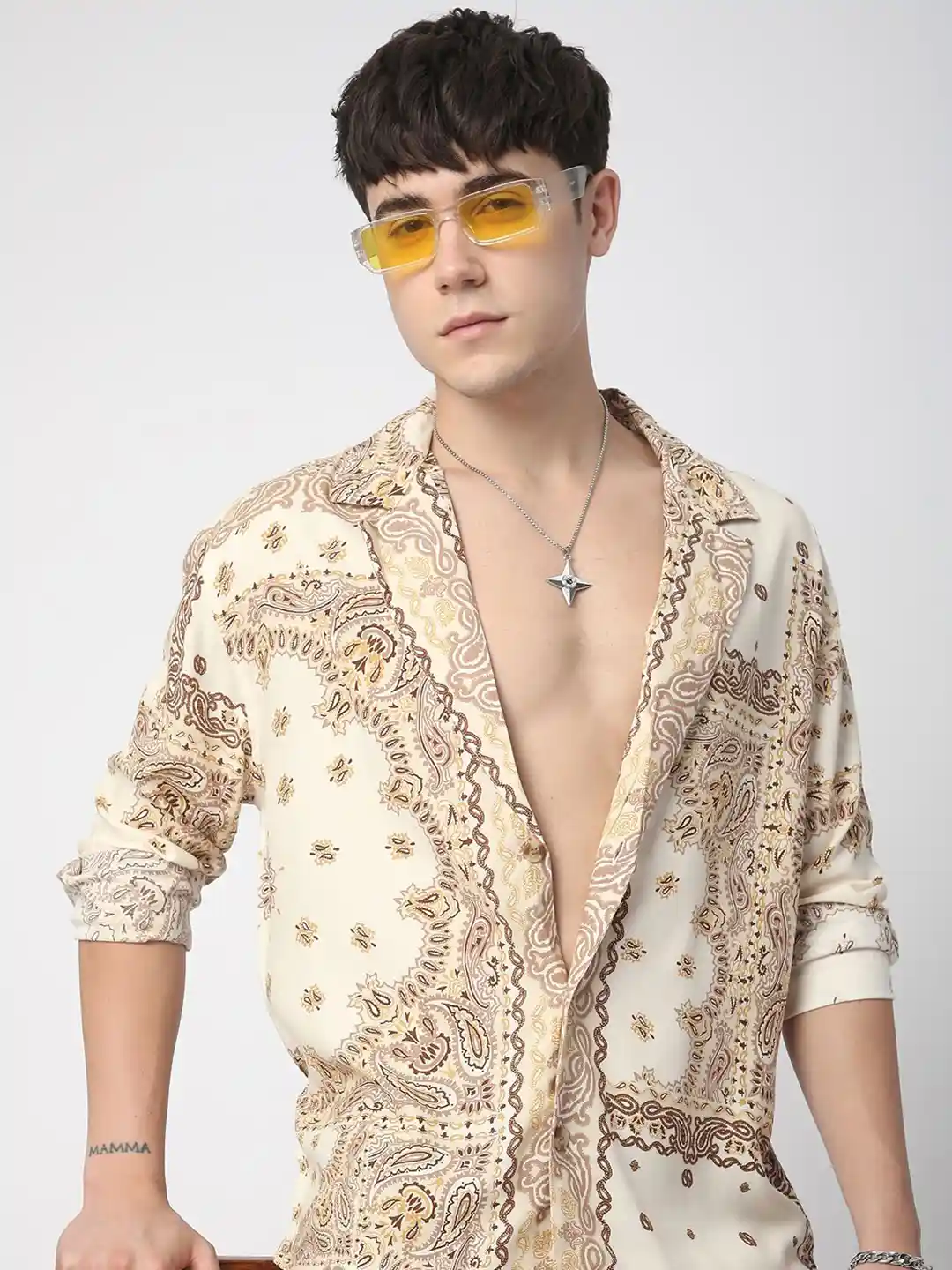 Buy VASTRADO Men Beige Paisley Printed Lapel Collar Oversized