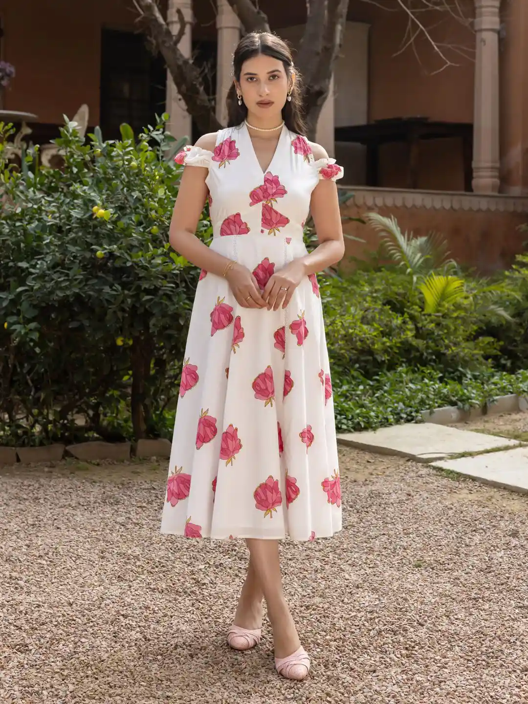 FIORRA Women Floral Print Cold-Shoulder Fit Flare Midi Dress