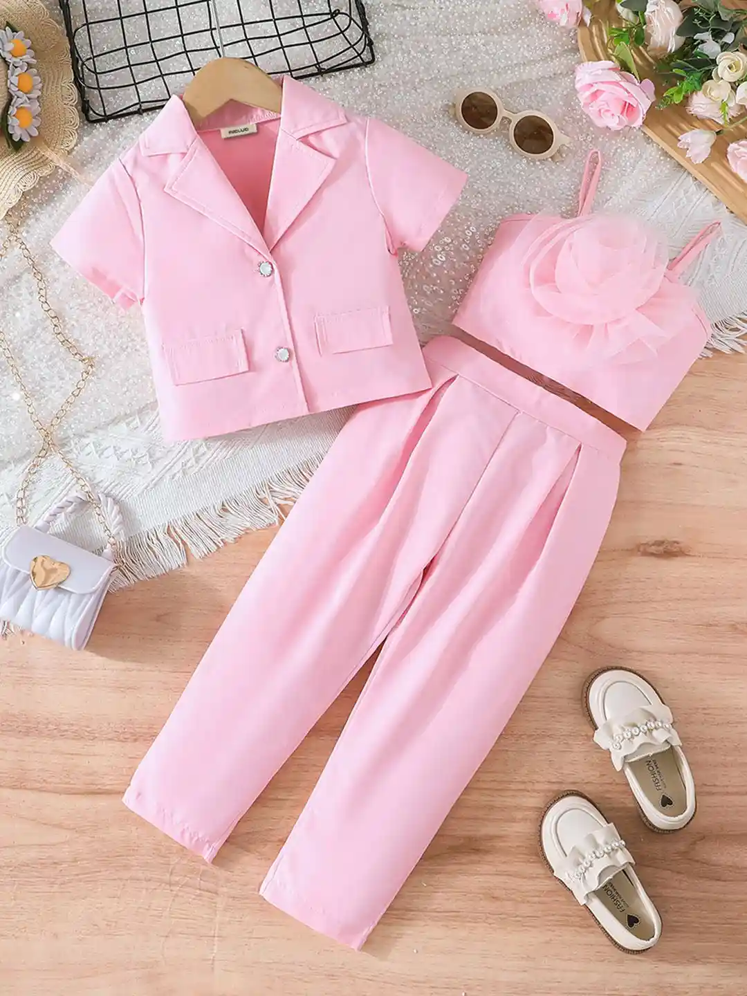 INCLUD Girls Short Sleeves Top With Pleated Pants And Camisole Top