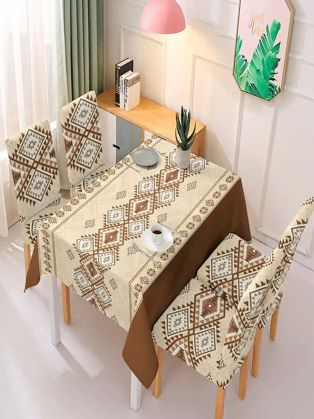 HOKIPO Moss Brown Pieces Rhombus Printed Dining Chair Covers With  Matching Table Cloth - Main Image