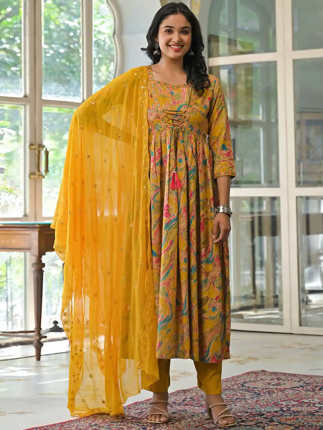 Buy Peachmode Floral Printed Square Neck Mirror Work A Line Kurta