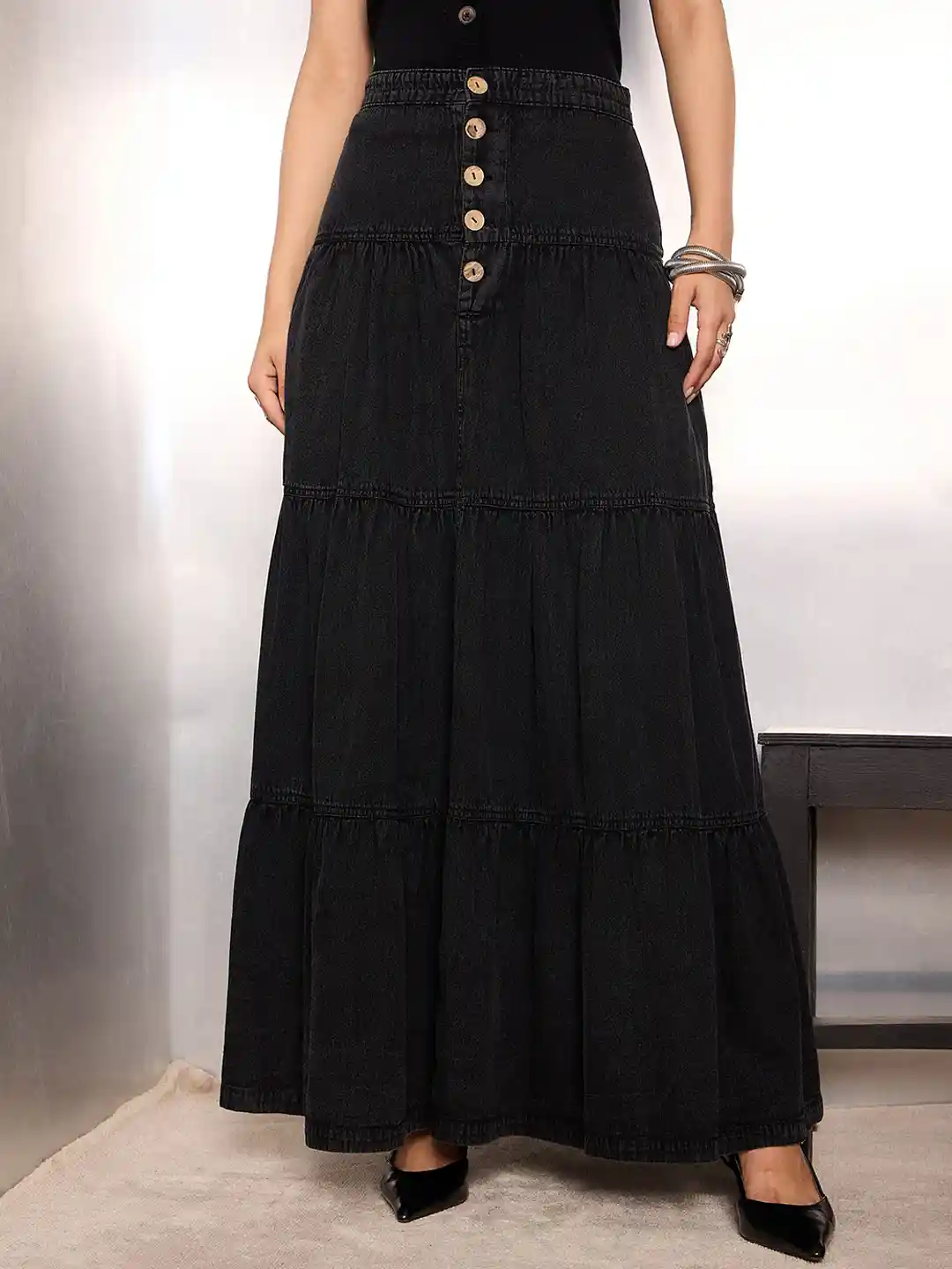 SASSAFRAS Women Denim Flared Maxi Skirts