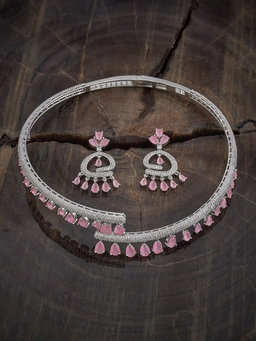 Kushal's Fashion Jewellery Pink Rhodium-Plated Party Zircon Jewellery Set