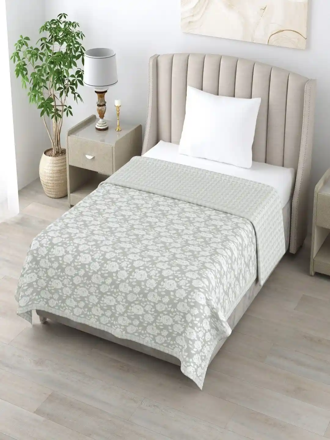 tundwal's Grey White Floral AC Room 210 GSM Double Bed Dohar