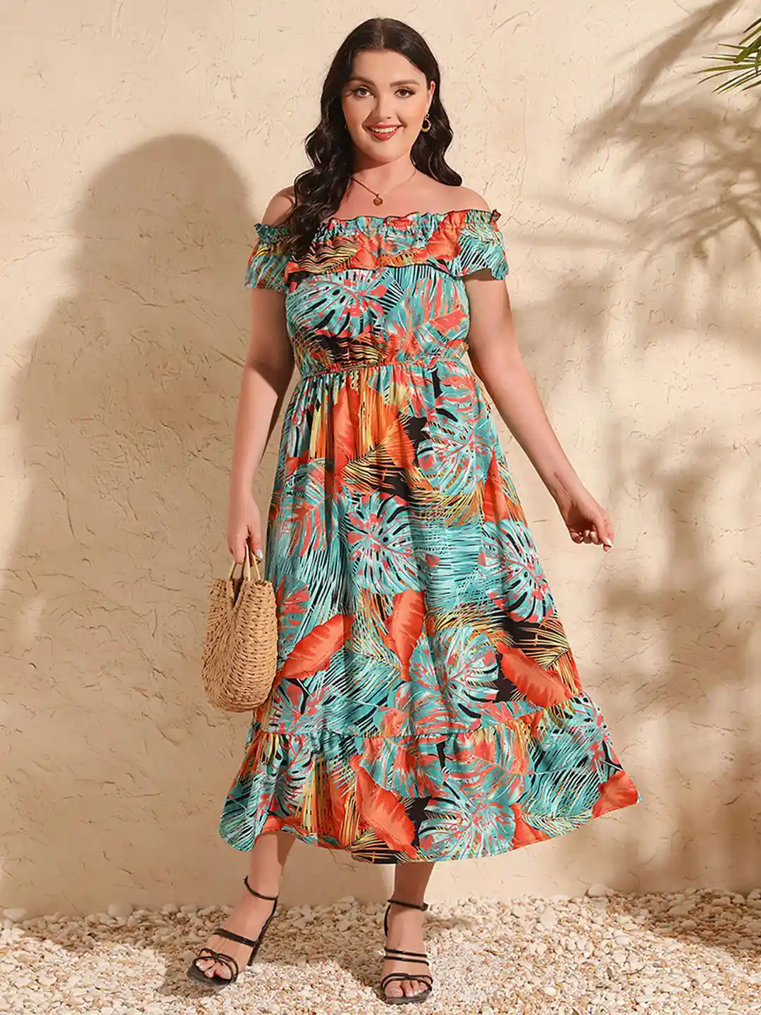 JC Mode Women Floral Print Cold-Shoulder Fit Flare Midi Dress