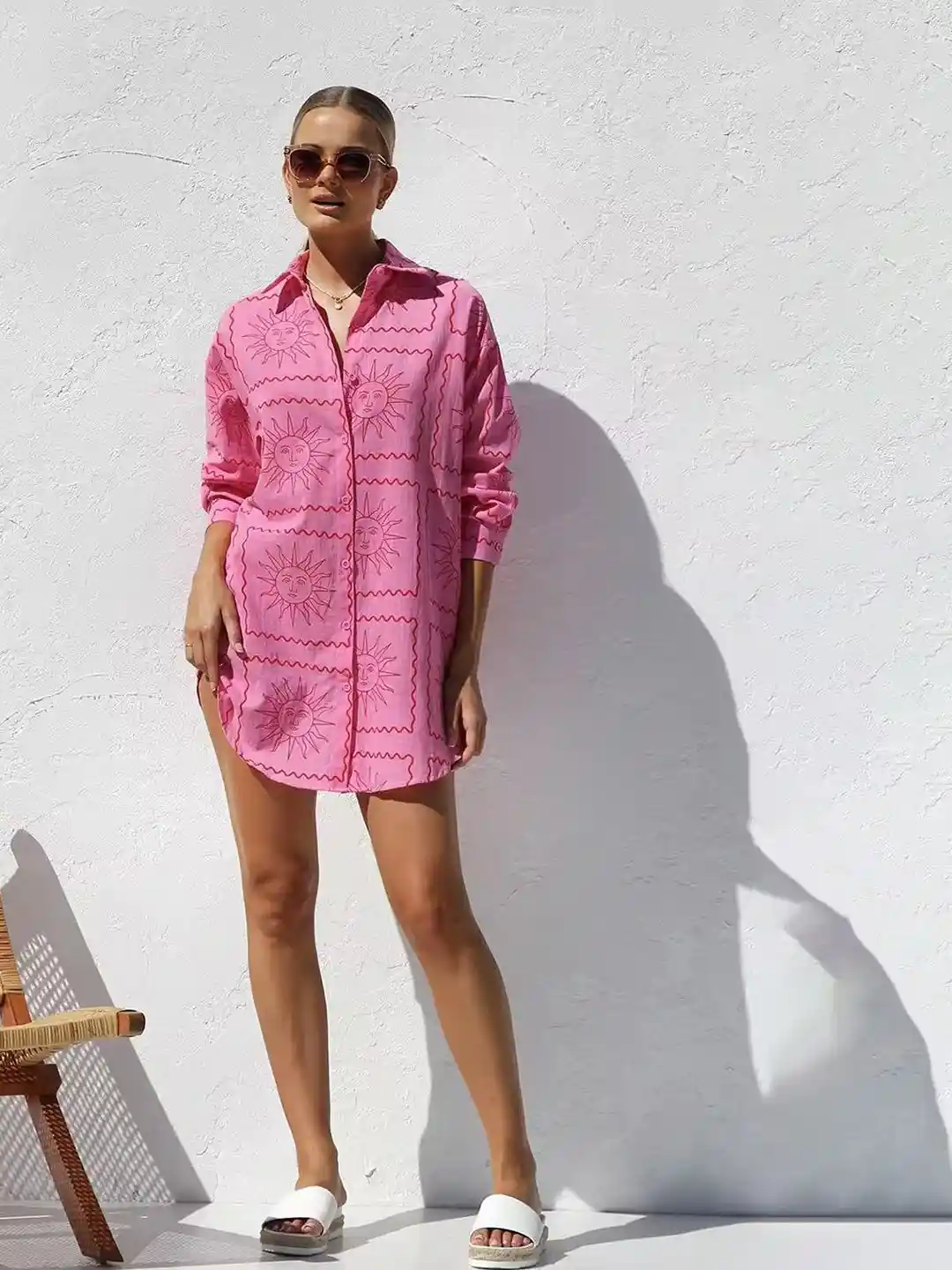 JC Mode Women Shirt Collar Graphic Print Cuffed Sleeves Shirt Dress