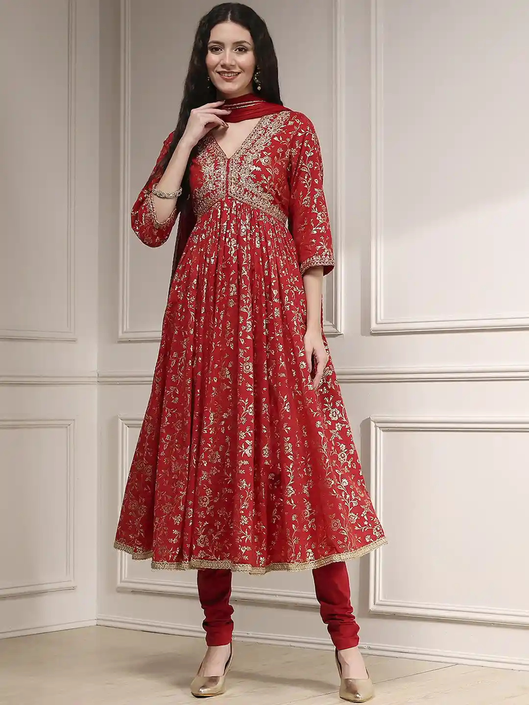Buy Biba Women Floral Printed Cotton Anarkali Kurta with Churidar