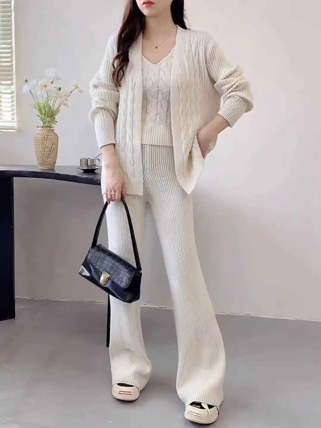 Buy bebe Self Design V-Neck Acrylic Top Trousers With Cardigan