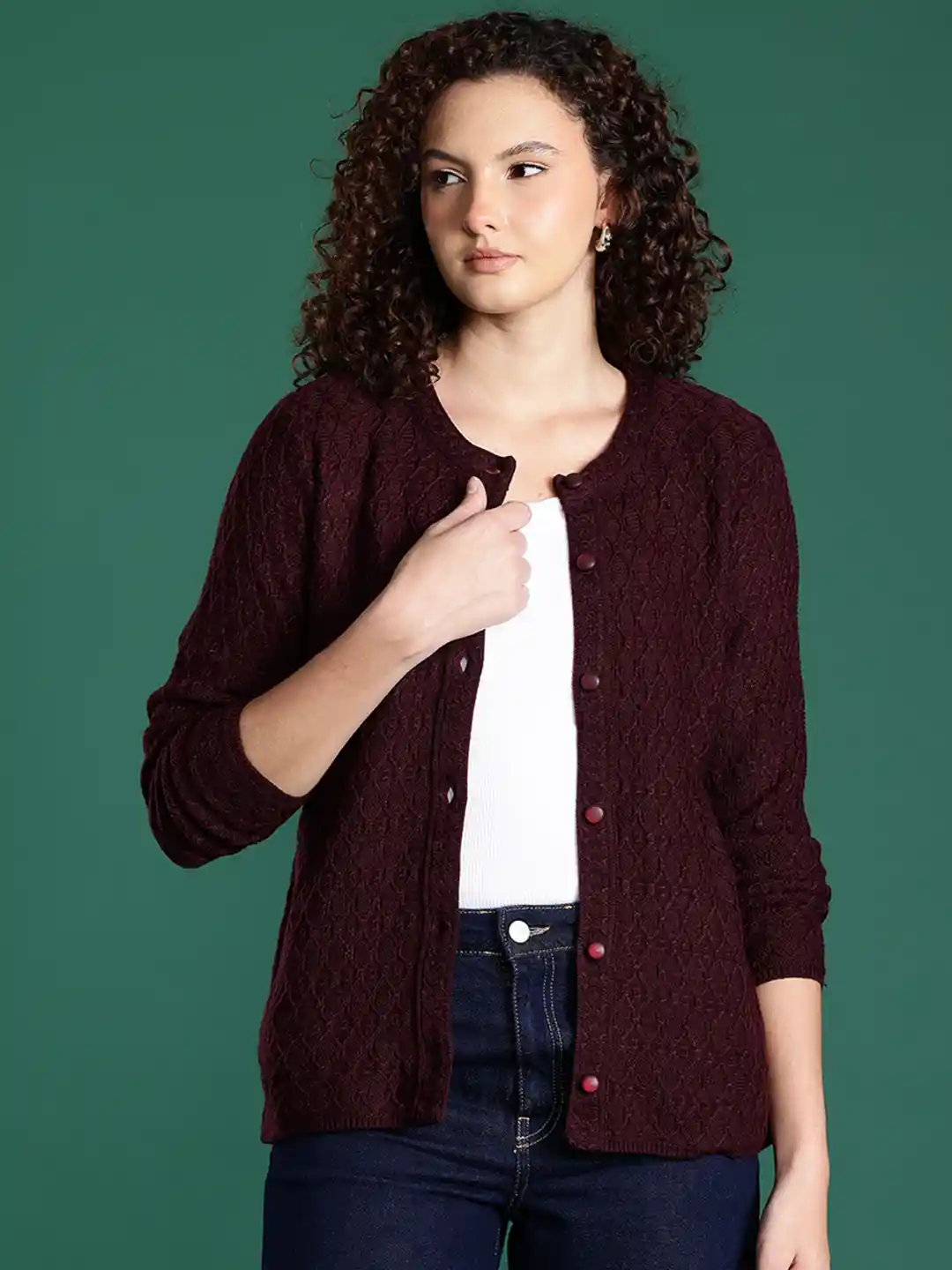 YEMAK Women's Long Sleeve Button Down Cardigan Sweater - Soft Crewneck, Magenta Color - View #3