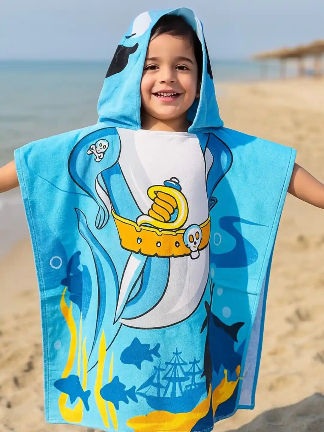 Buy Famyo Blue White Pirate Baby Shark Design Poncho Towel for