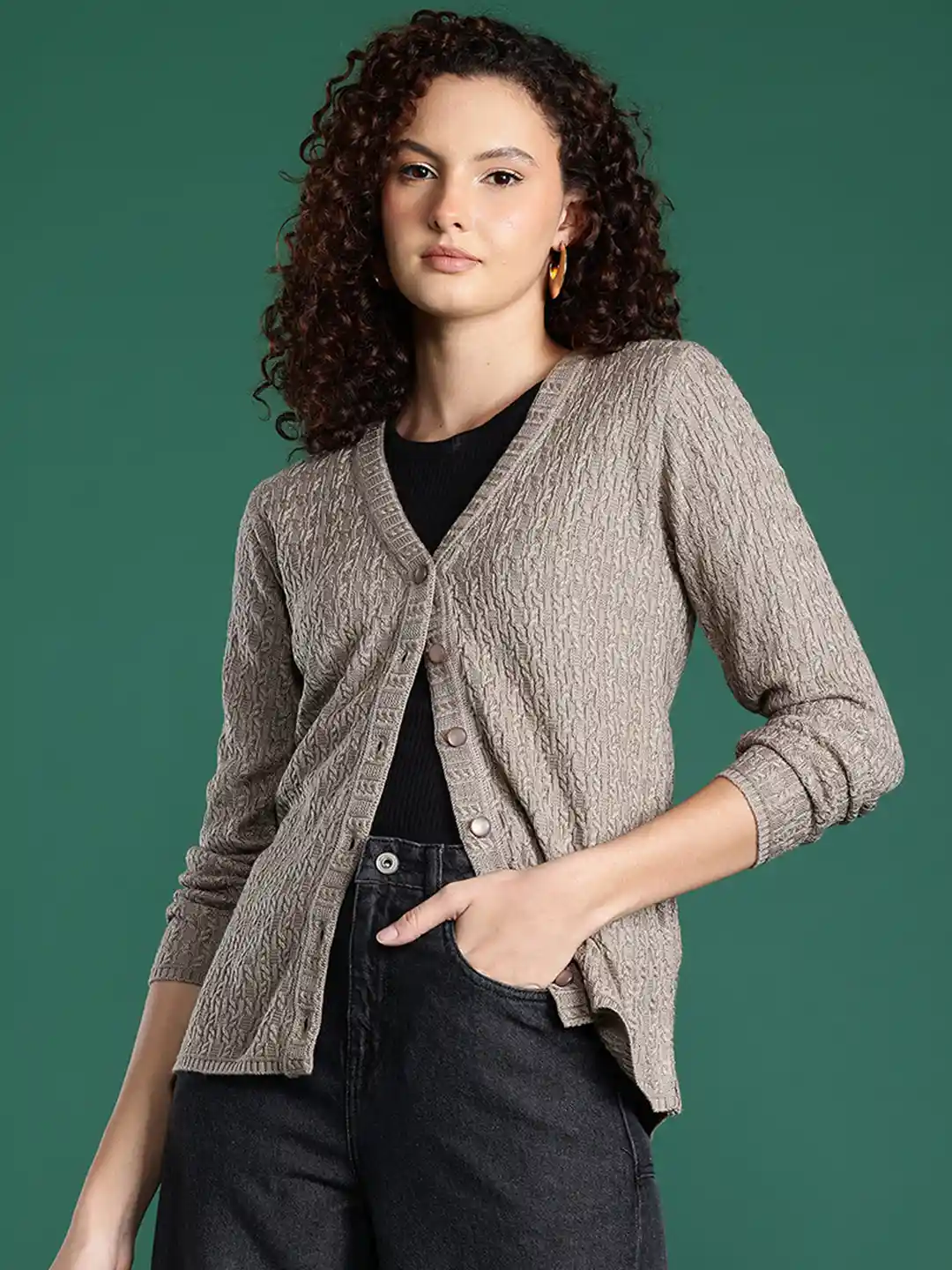 Cayman Cable Knit V-Neck Button-Down Cardigan