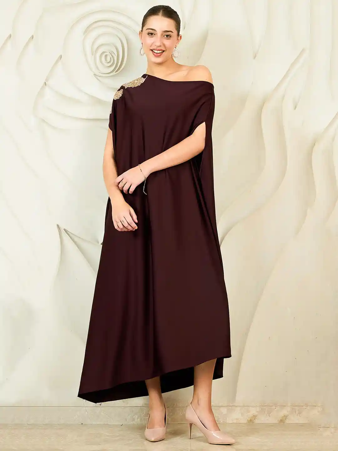 Shally Bhasin by Athena Embroidered One Shoulder Kaftan Maxi Dress