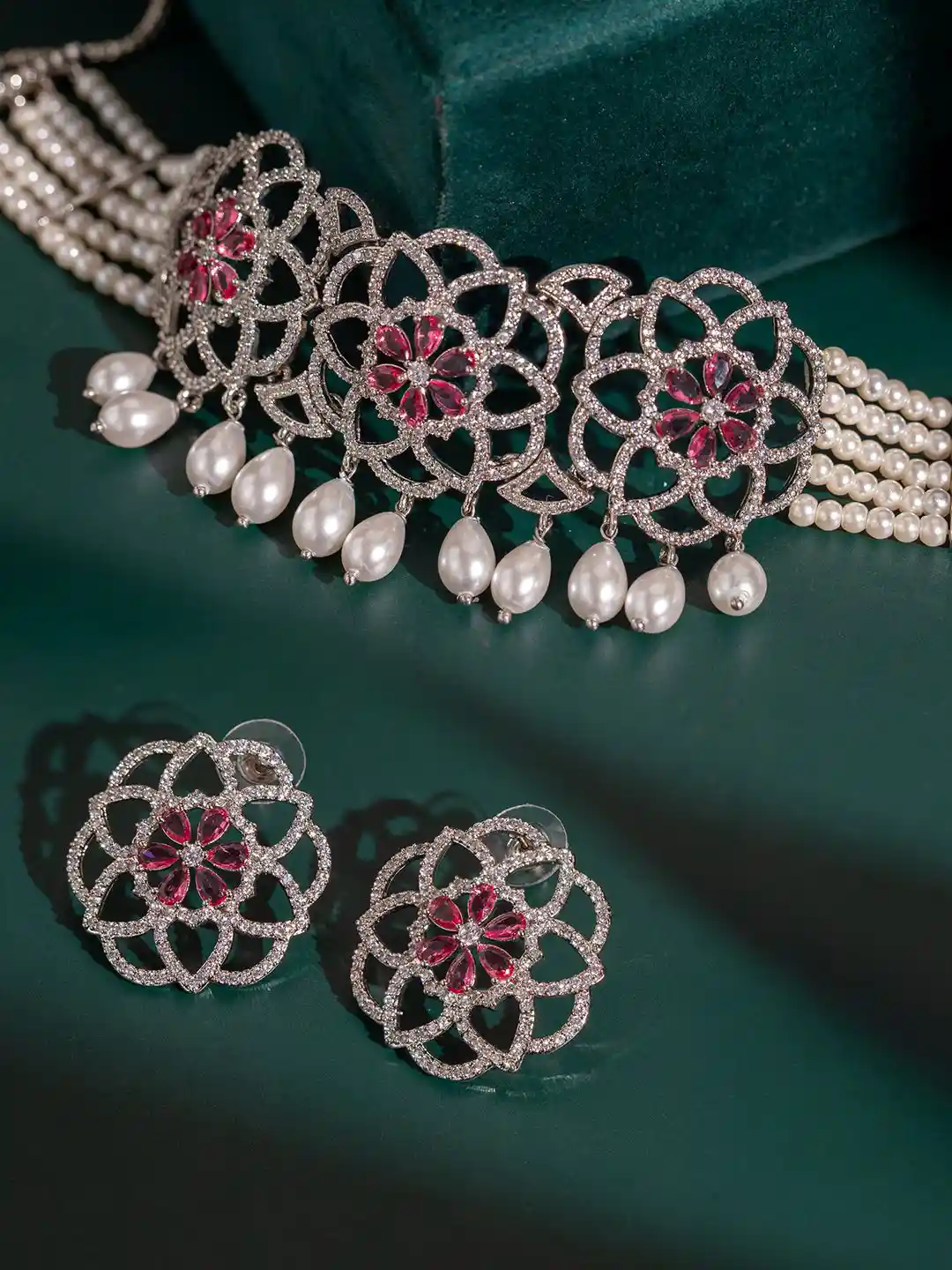 Voylla Halo Essence Bow Mandala Floral Choker Necklace Earrings Jewellery  Set