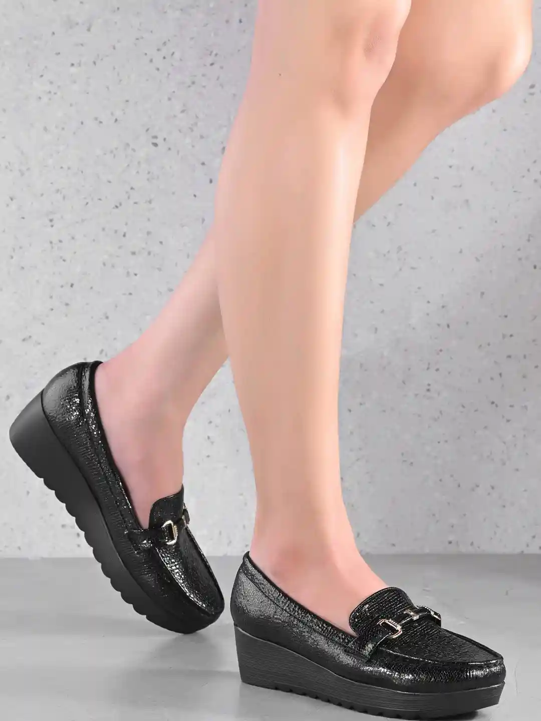 Buy Valentino Women Black Textured Wedge Glossy Finish Loafers