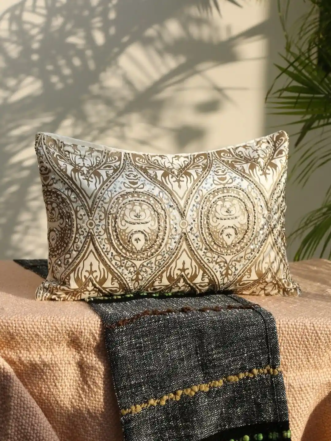 Revive Home Off White Brown Ethnic Motifs Velvet Rectangle Cushion Covers